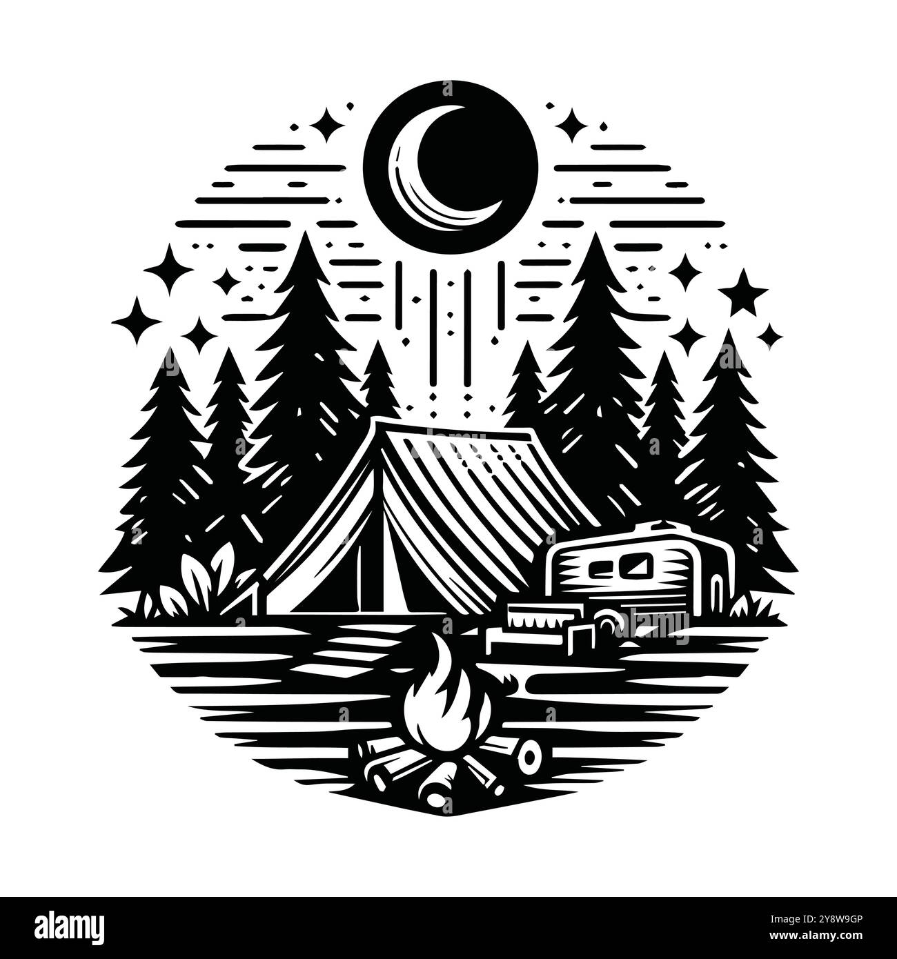 Simplistic black and white icons illustrating camping and hiking themes, featuring tents, backpacks, and nature symbols Stock Vector