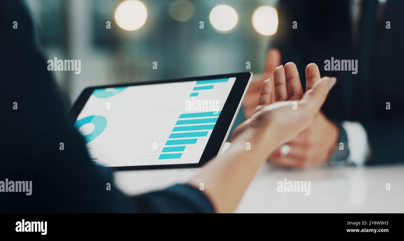Tablet, hands and business people in meeting with stats, graphs and ...