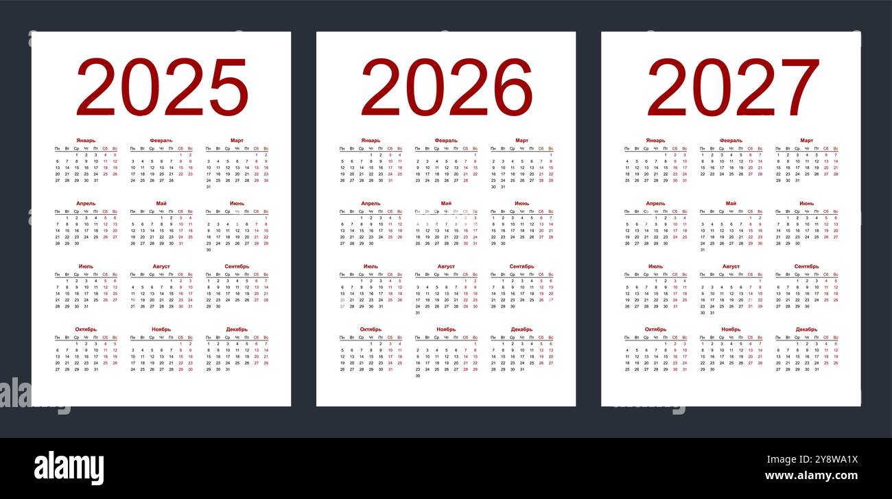 Calendar grid for 2025, 2026 and 2027 years. Simple vertical template