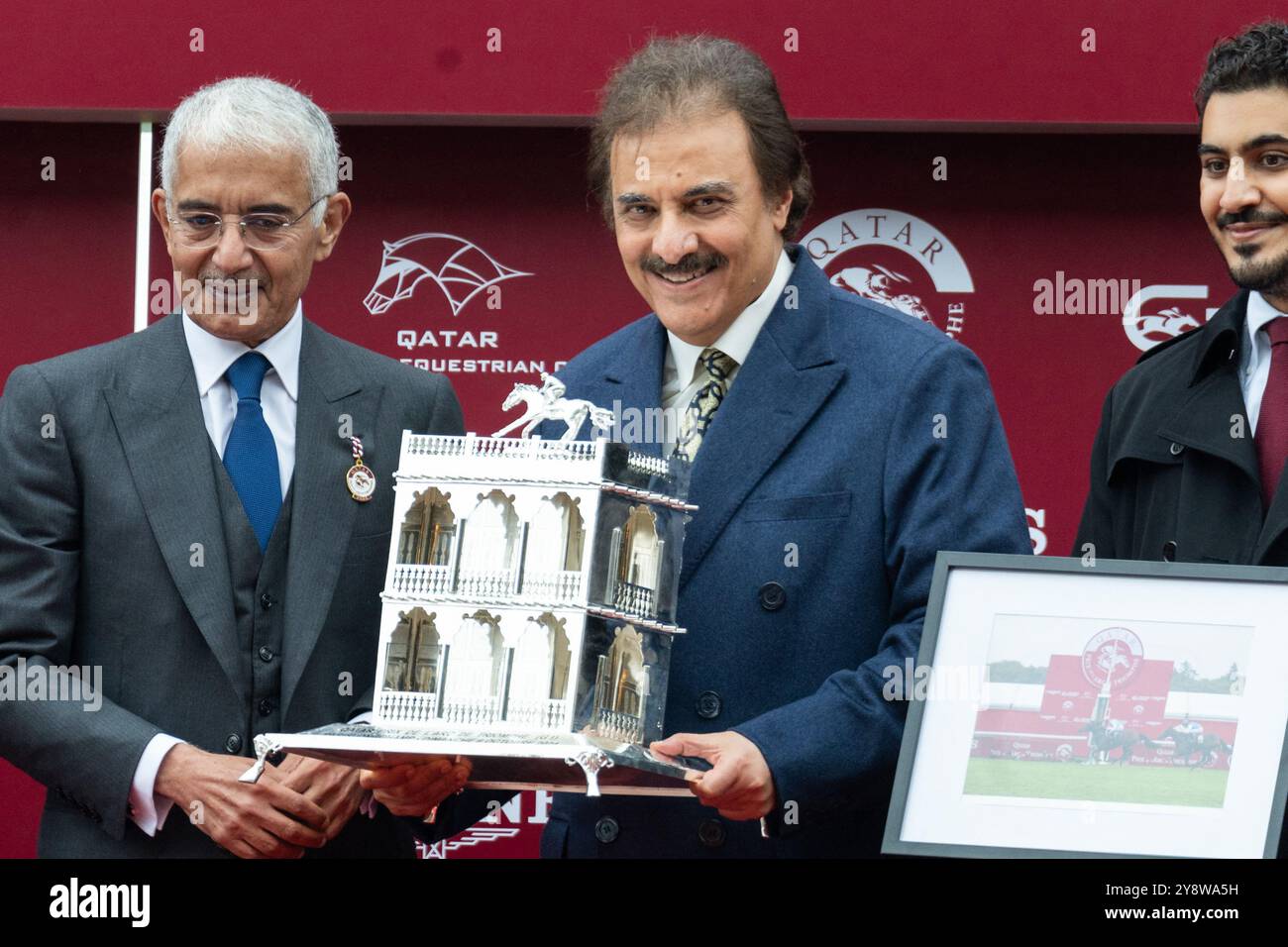 Paris, France. 06th Oct, 2024. Qatari Sheikh Abdullah Bin Khalifa Al Thani and Saudi Prince Saud bin Khaled bin Abdul rahman Al Saud during 2024 Qatar Prix de l'Arc de Triomphe flat race at the ParisLongchamp race track in Paris, on October 6, 2024. Photo by Alexis Jumeau/ABACAPRESS.COM Credit: Abaca Press/Alamy Live News Stock Photo