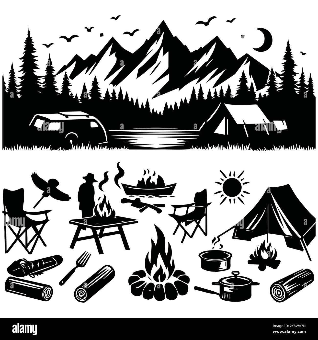 Simplistic black and white icons illustrating camping and hiking themes, featuring tents, backpacks, and nature symbols Stock Vector