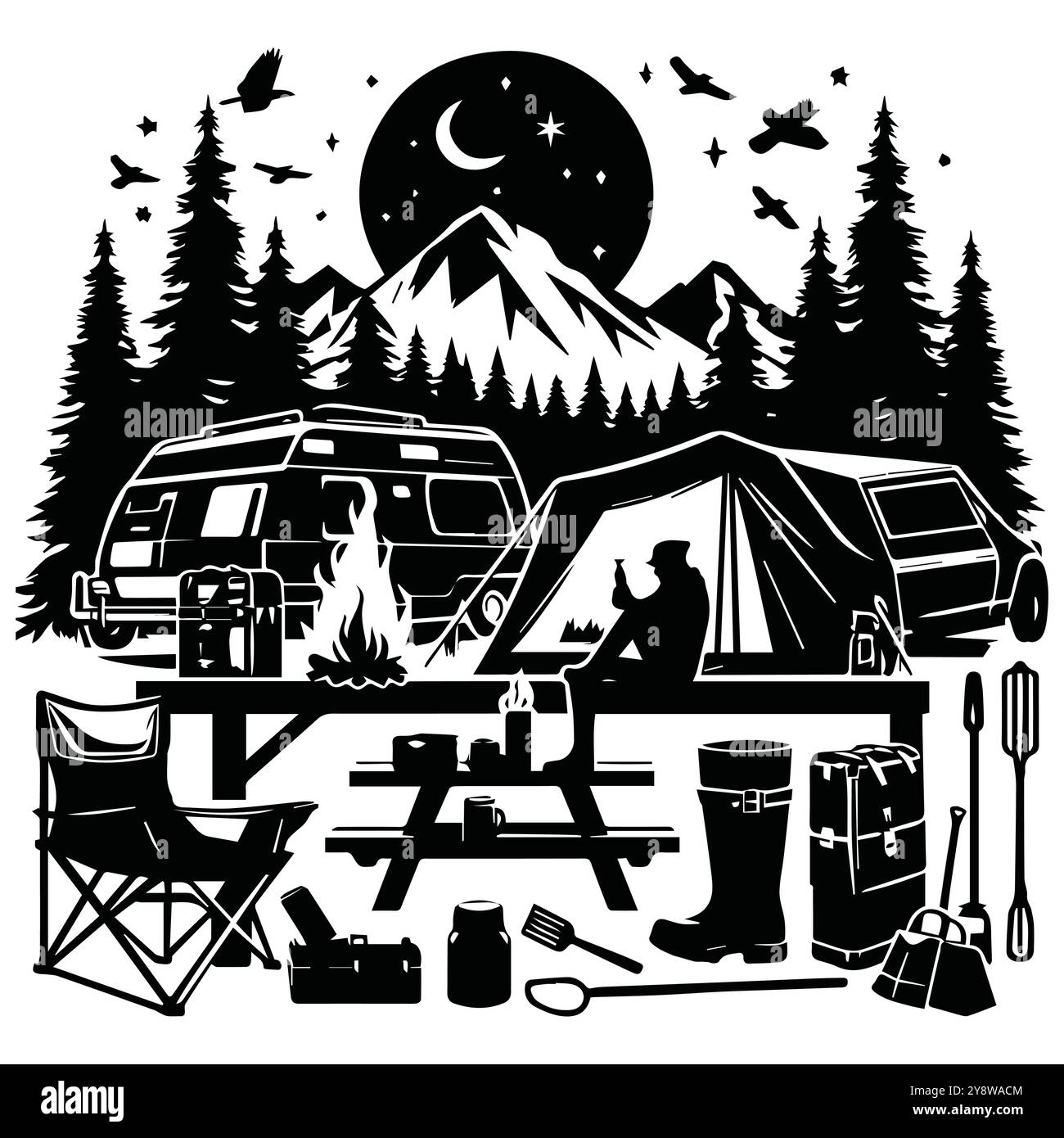 Simplistic black and white icons illustrating camping and hiking themes, featuring tents, backpacks, and nature symbols Stock Vector