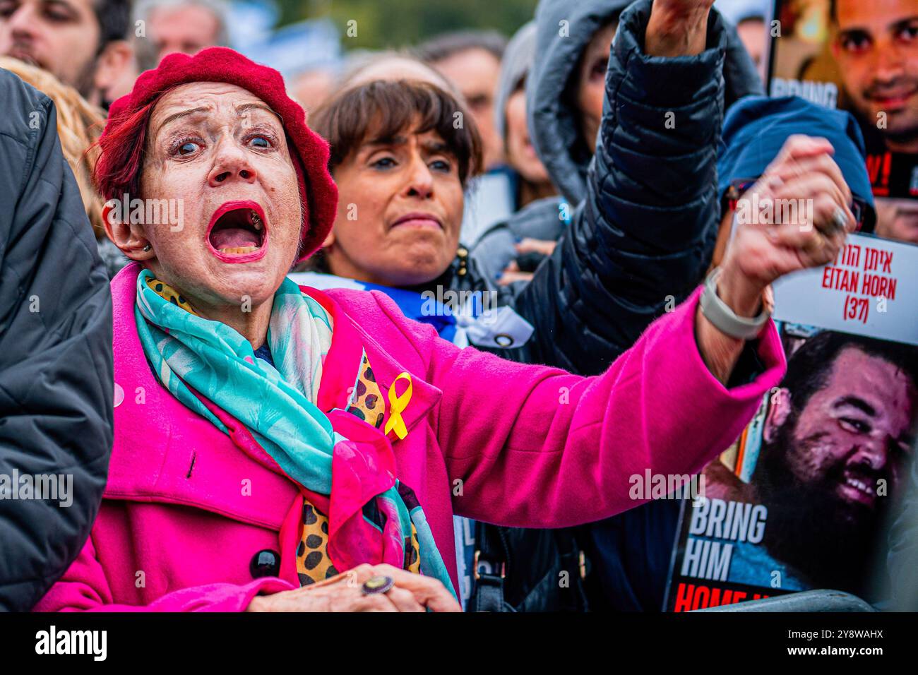 London, UK. 06th Oct, 2024. A participant chants during the rally. Thirty thousand members of the Jewish community in London gathered at a large memorial event in Hyde Park to commemorate the 1st anniversary of the Hamas attacks on October 7th, (Photo by Lab Ky Mo/SOPA Images/Sipa USA) Credit: Sipa US/Alamy Live News Stock Photo