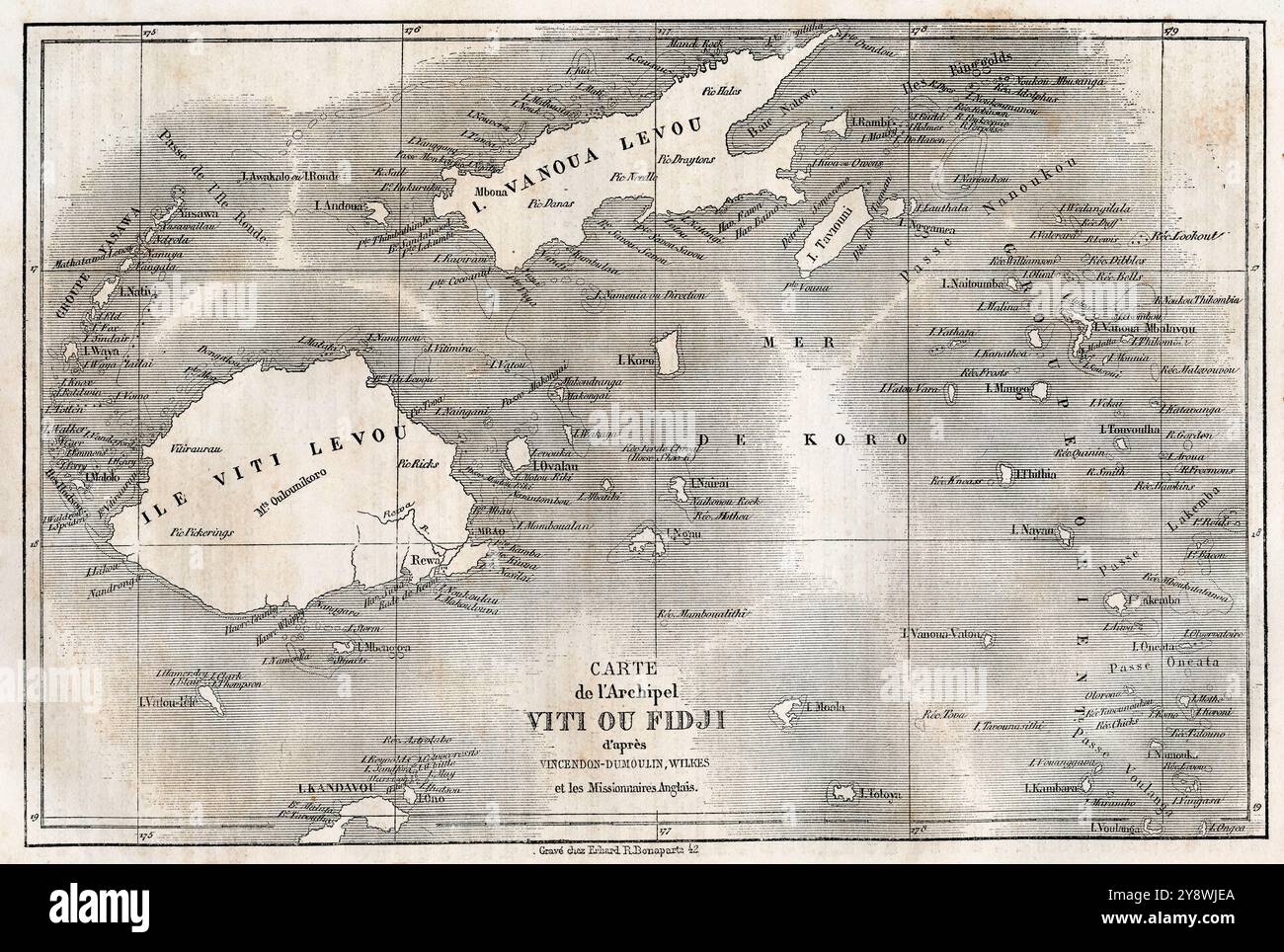 Map of the Fijian archipelago, after Vincendon-Dumoulin, Wilkes and the English missionaries, 19th century.  From Le Tour du Monde, published Paris, 1860. Stock Photo