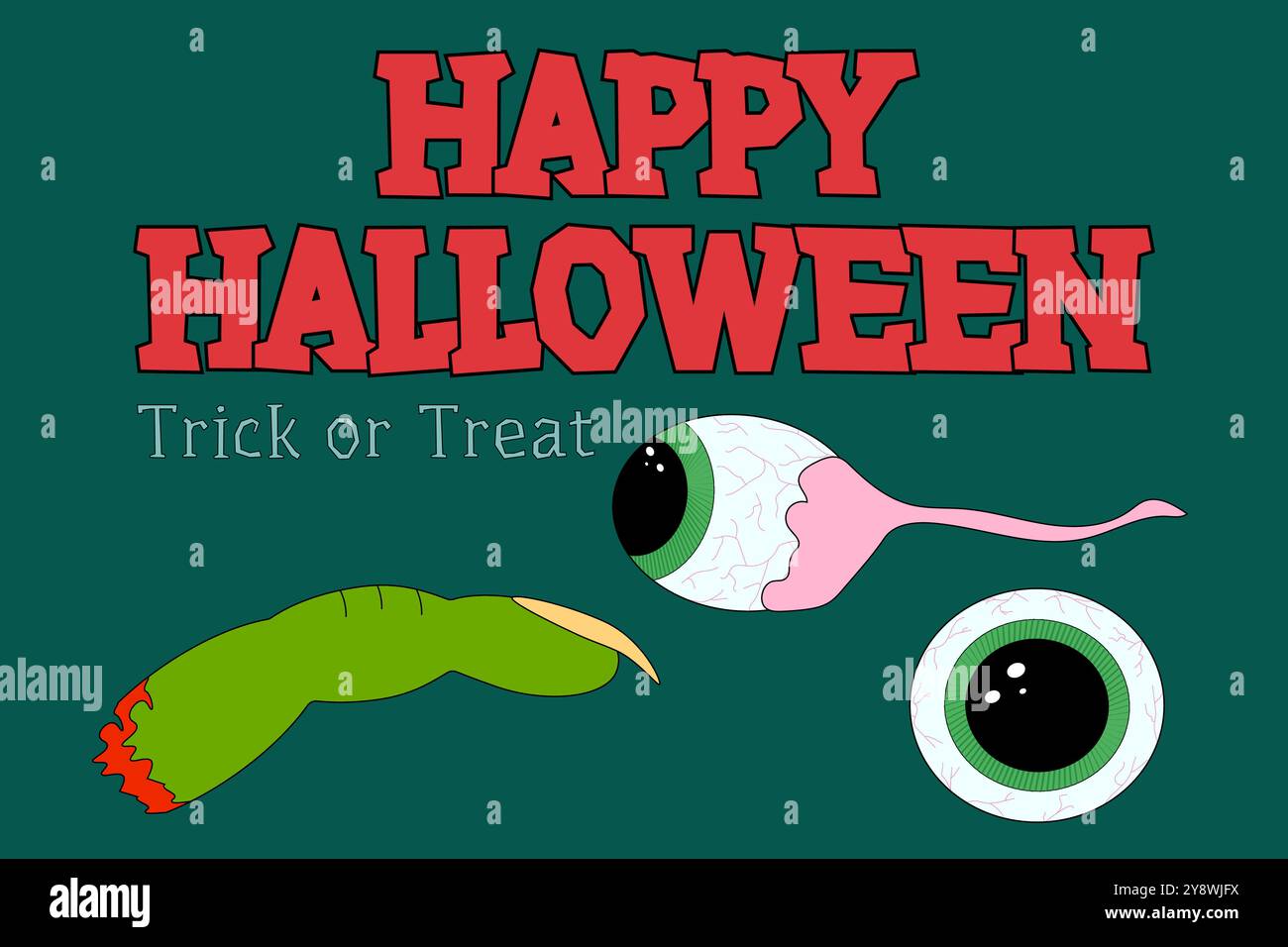 Creepy Halloween-themed illustration featuring dismembered eyes and a severed finger, perfect for spooky decor or party invitations. Stock Vector