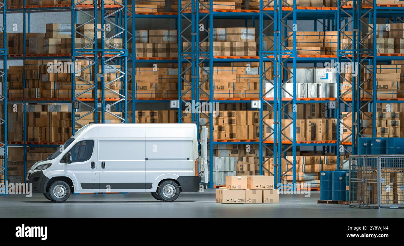 White delivery van distribution warehouse packages ready for shipment ...