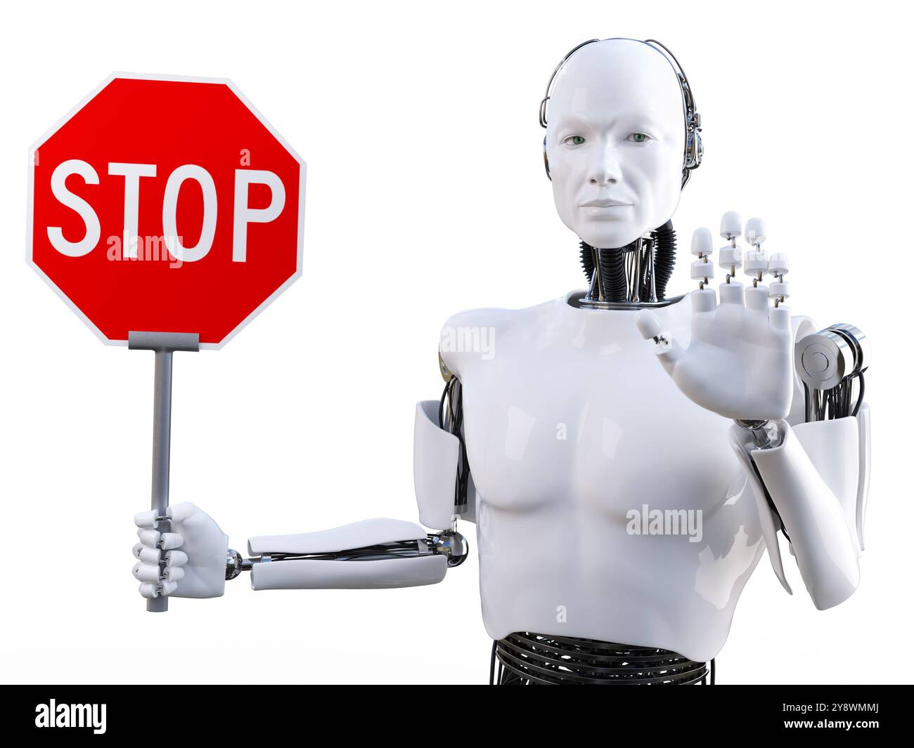 3D rendering of a male robot holding a red stop sign and holding his ...