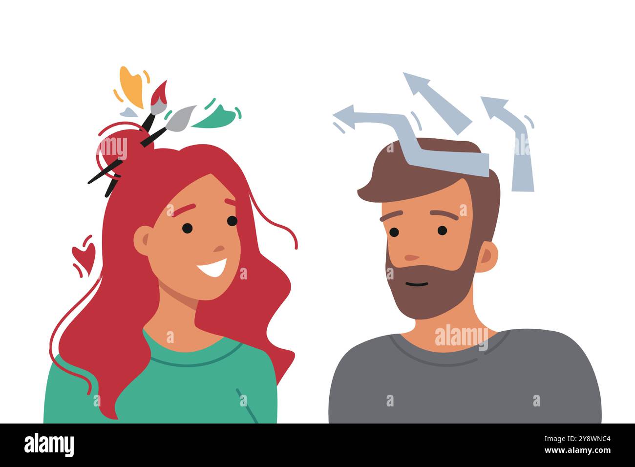 People with analytical and creative minds, using differences in thinking to brainstorm Stock Vector