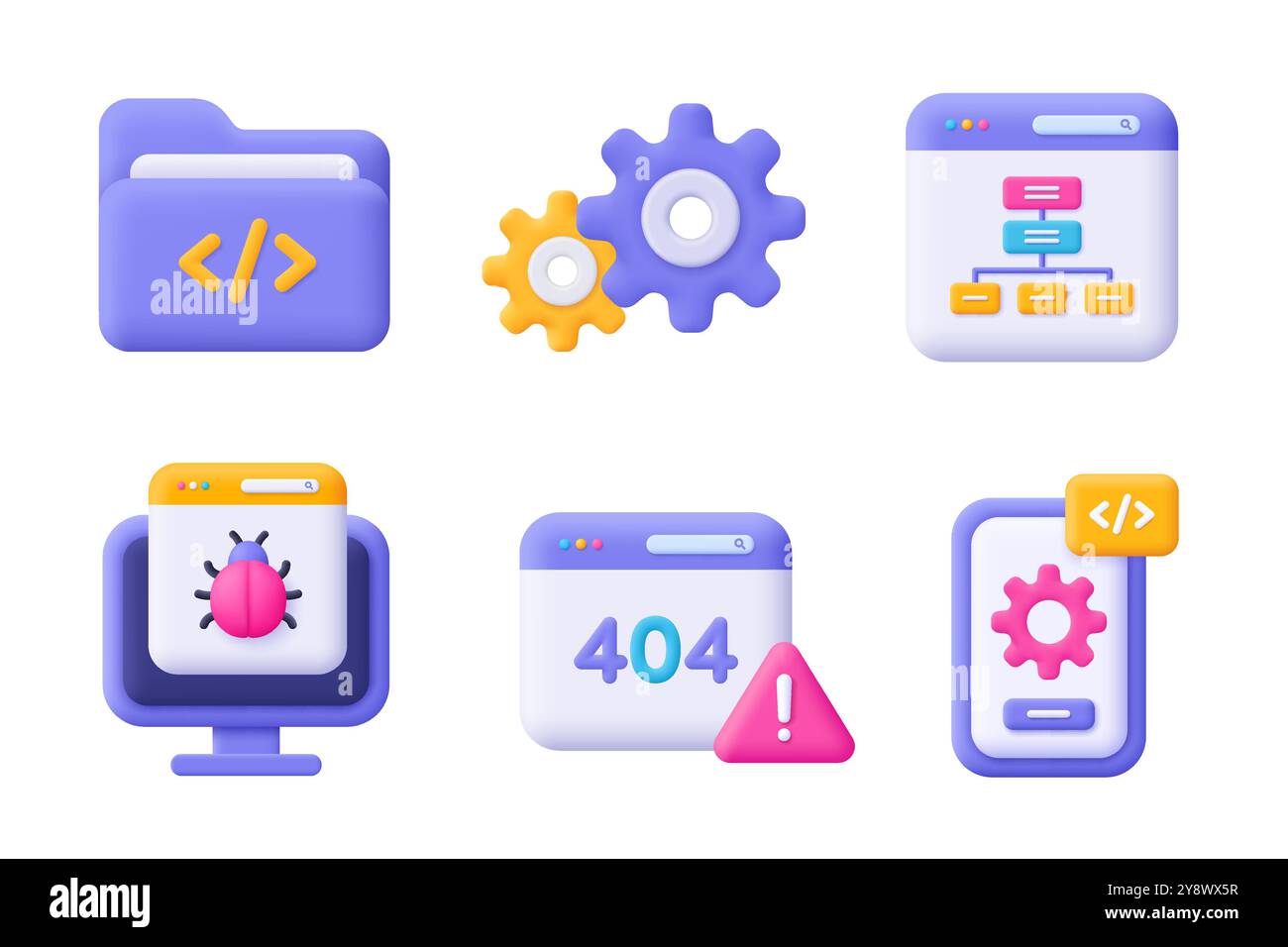 Web development , SEO, coding and programming 3d vector icon set. Cartoon minimal style. Stock Vector