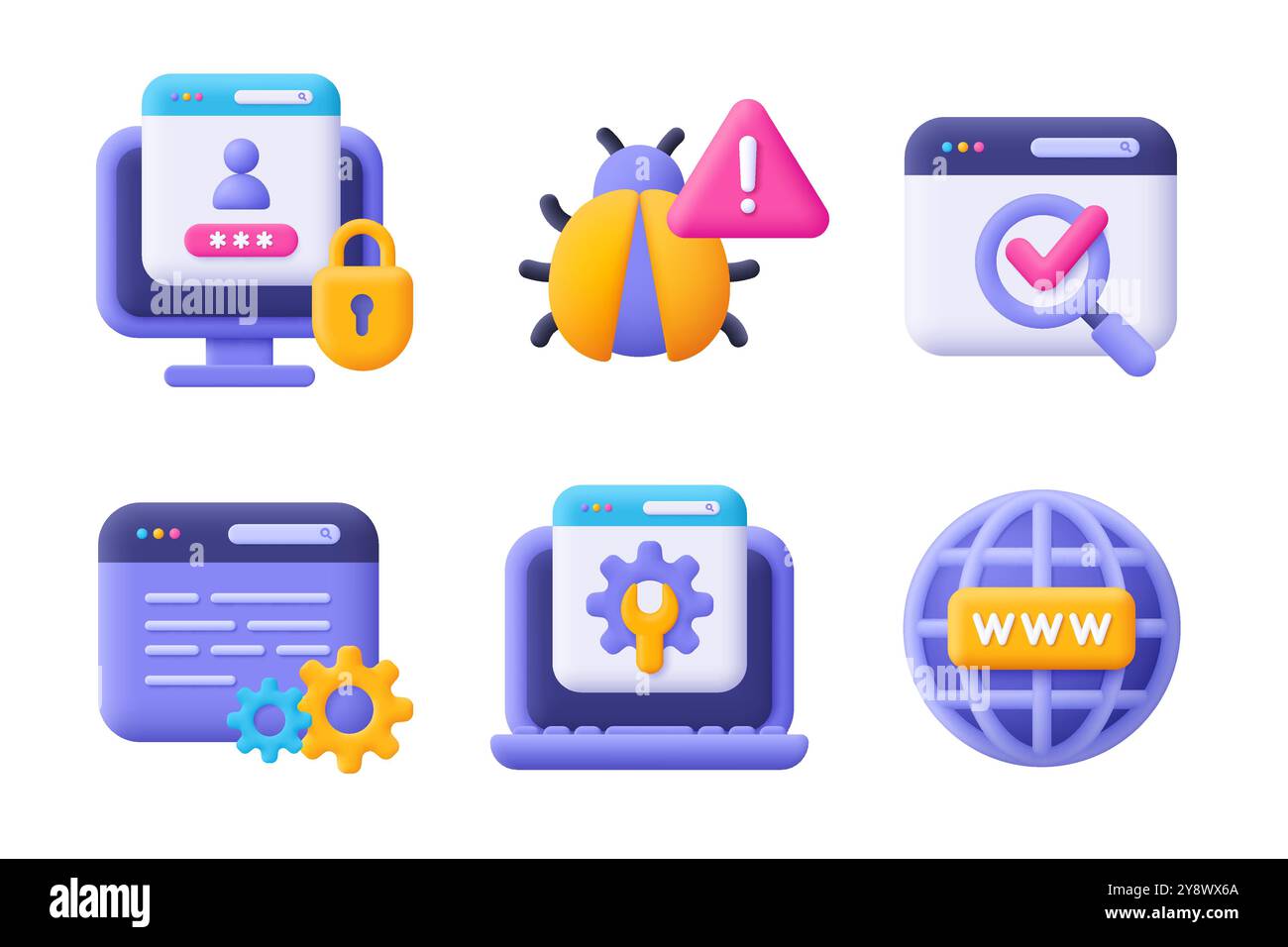 Web development , SEO, coding and programming 3d vector icon set. Cartoon minimal style. Stock Vector