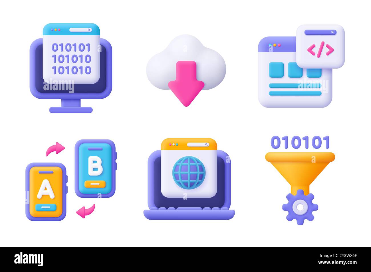 Web development , SEO, coding and programming 3d vector icon set. Cartoon minimal style. Stock Vector