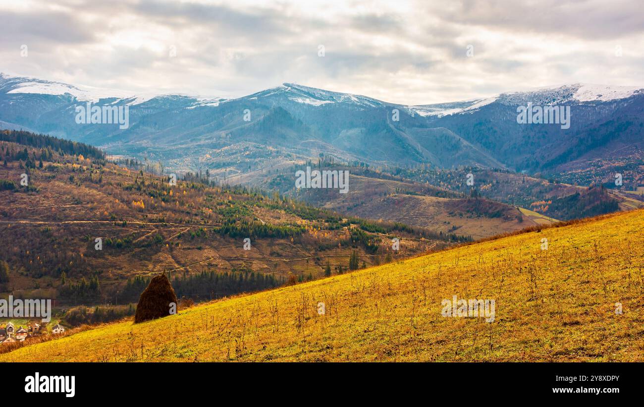 rural mountain landscape in november. late autumn scenery with snow capped peaks of carpathian mountains. fall season in ukraine. grassy slope Stock Photo