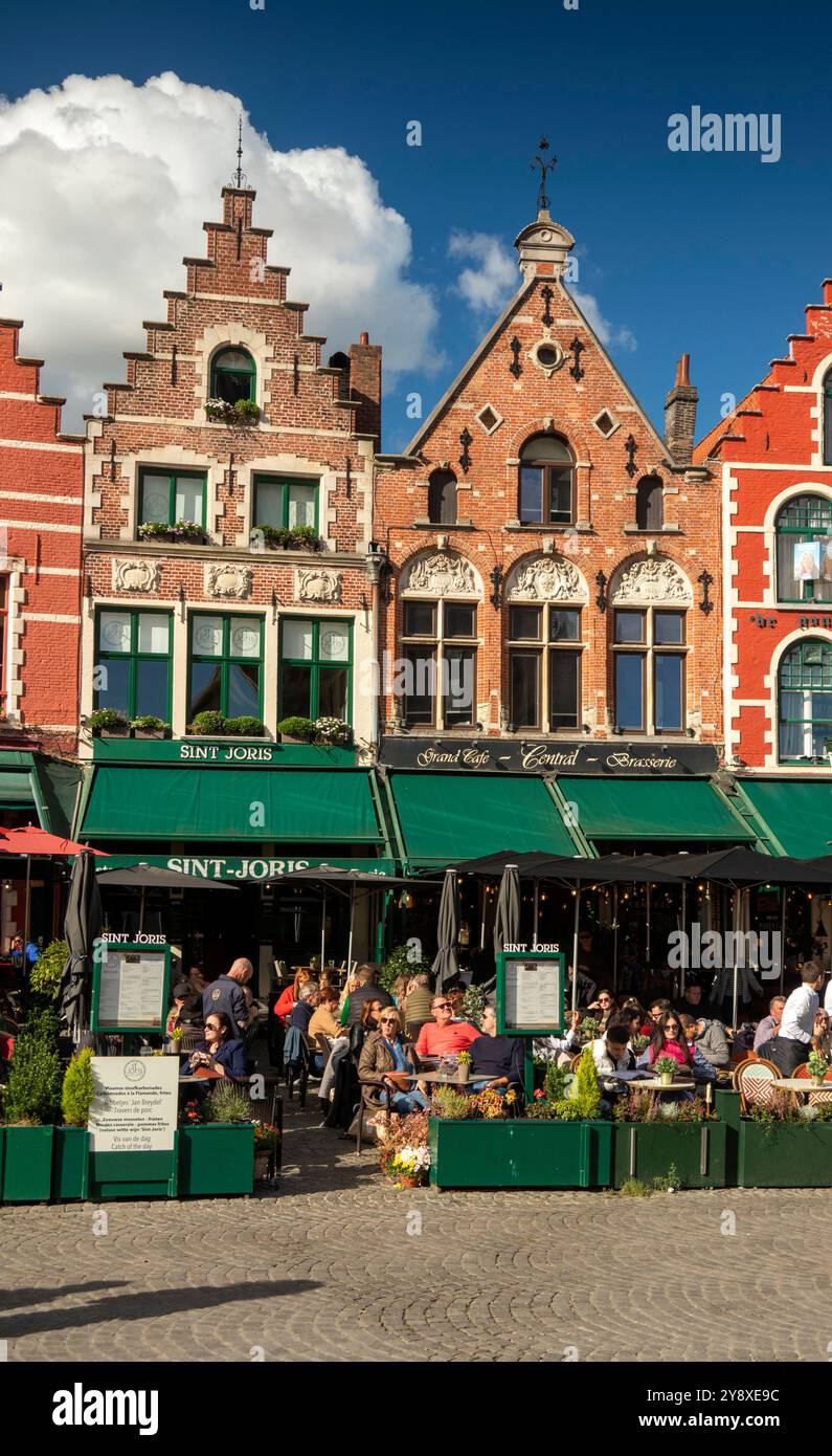 Belgium, Flanders, Bruges, Grote Markt, restaurants in traditional houses on north side of Market Square Stock Photo