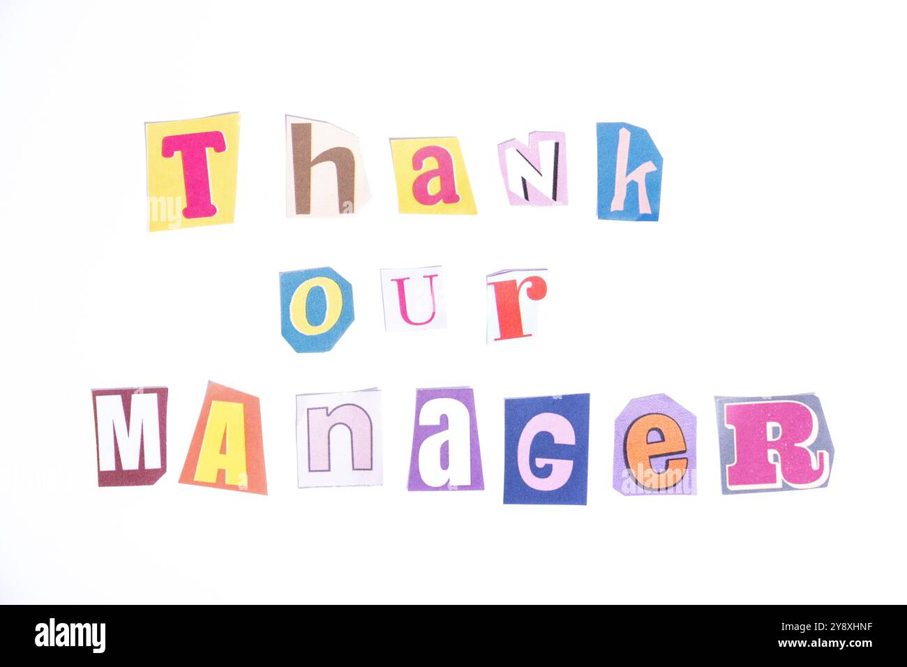 Thank you symbol. Fun cut out newspaper style typescript with words Thank our Manager. Isolated on clean white background. Stock Photo