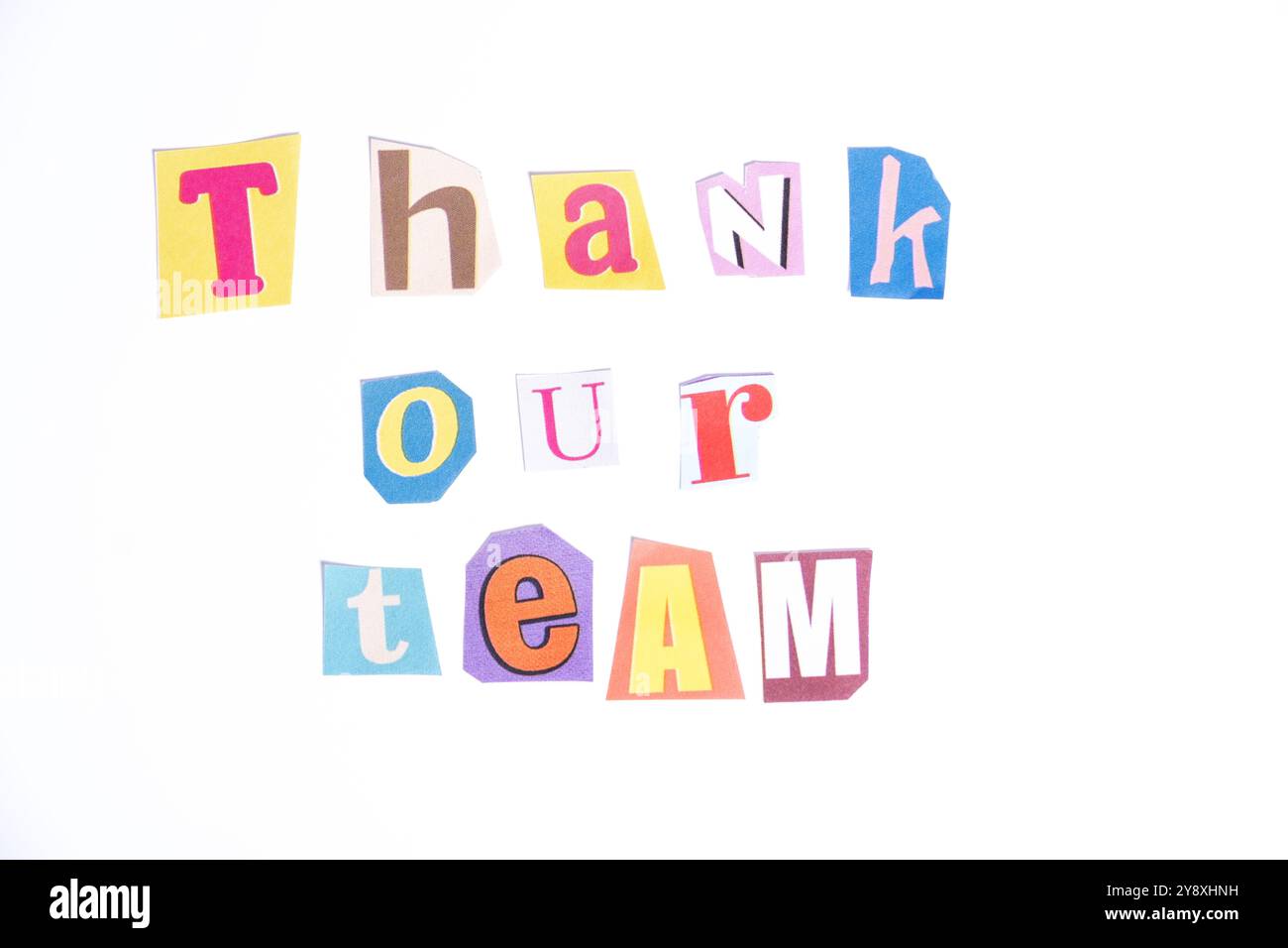 Thank you symbol. Fun cut out newspaper style typescript with words Thank our Team. Isolated on clean white background. Gratitude Thank you concept Stock Photo