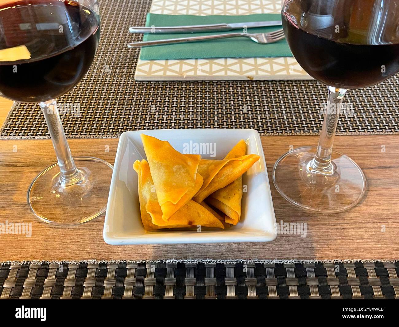 Two glasses of red wine with tapa. Spain. - Smartphone Captured Stock Image