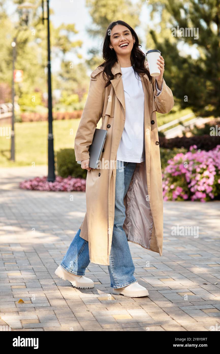 Wrapped in cozy attire, the woman strolls through a picturesque park, sipping a warm beverage. Stock Photo