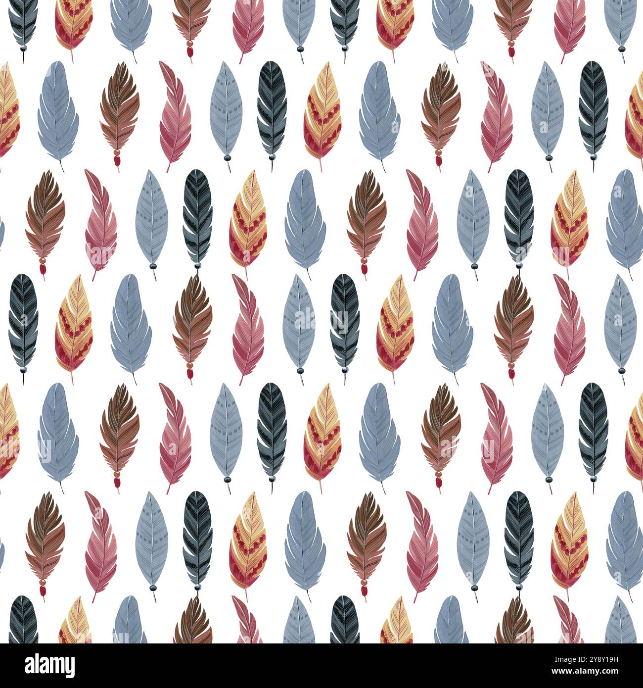 Watercolor boho seamless pattern with feathers. Hand drawn illustration ...