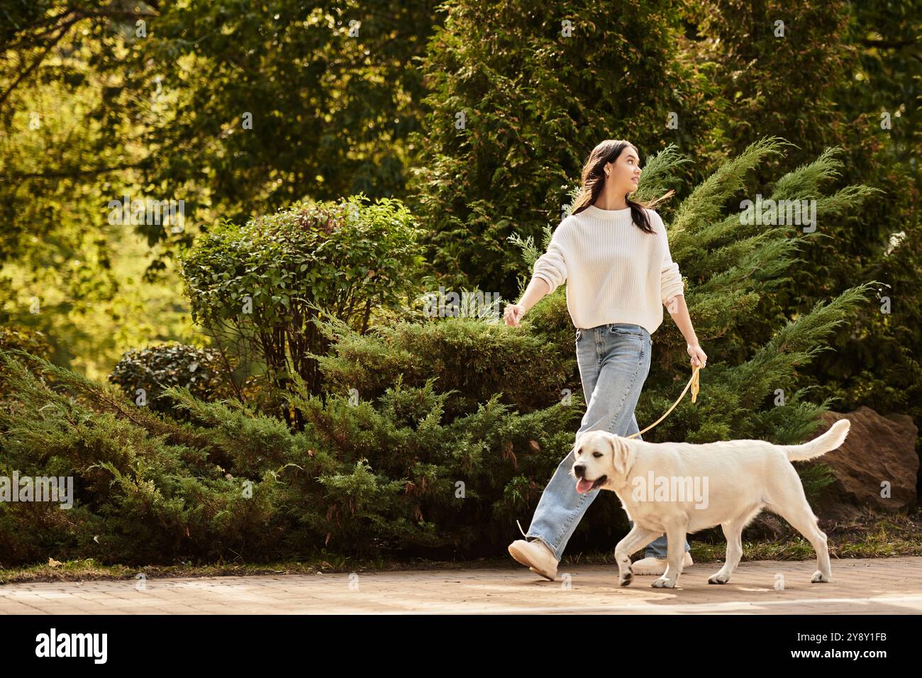 A young woman in cozy autumn attire walks joyfully with her happy dog amidst falling leaves. Stock Photo