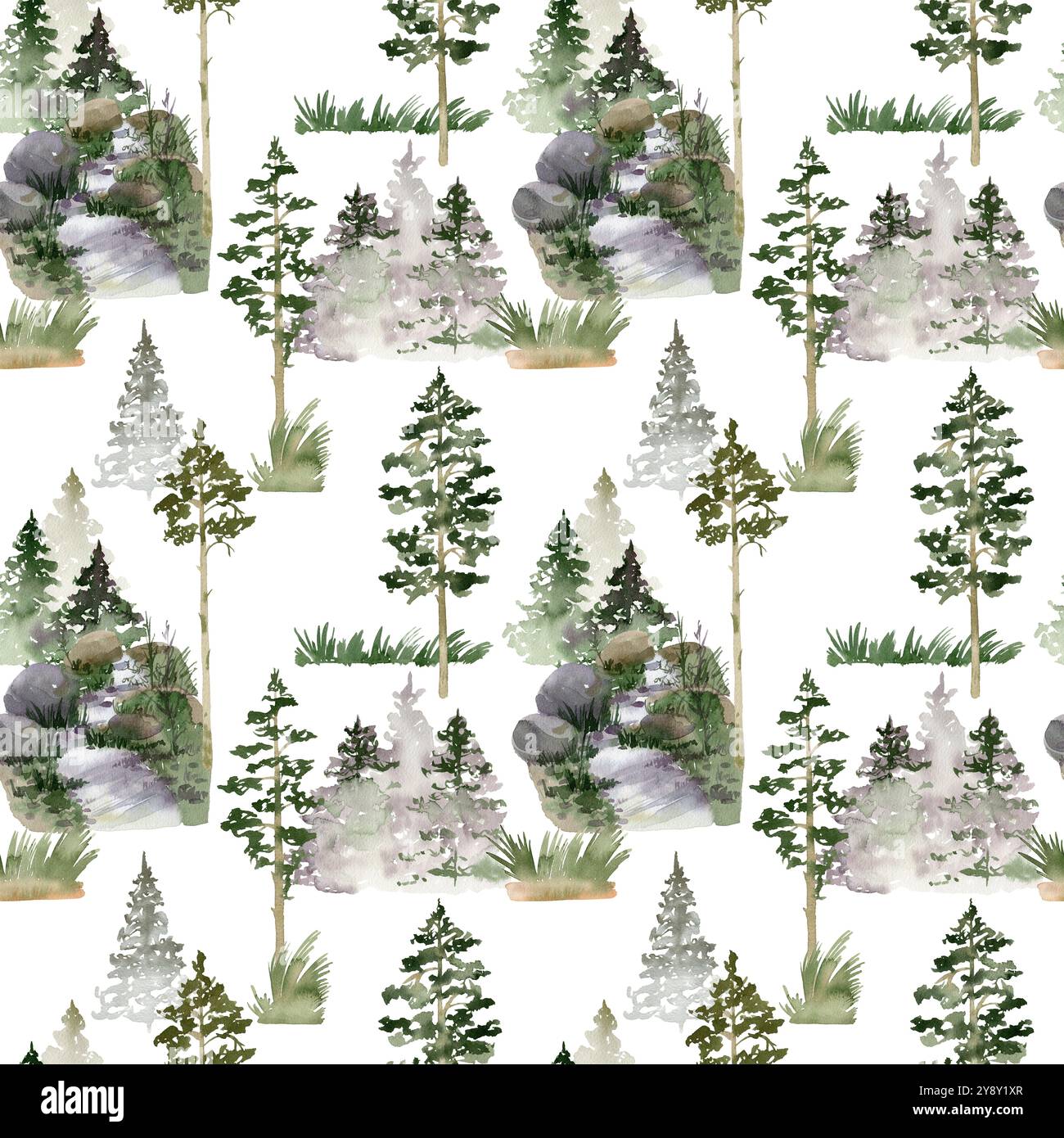 Watercolor seamless pattern with pine trees for fabric, wrapping paper ...