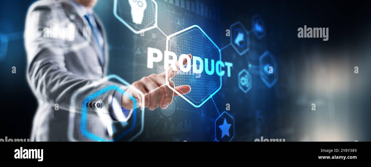 Business hand pushing product quality on virtual screen interface. Stock Photo
