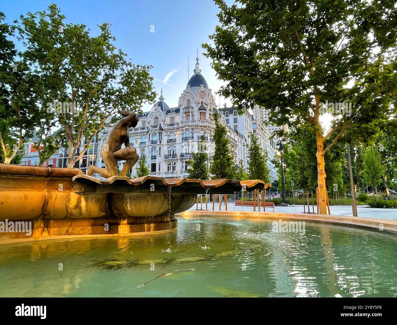 Fountain and Guerrero House. Plaza de España, Madrid, Spain. - Smartphone Captured Stock Image