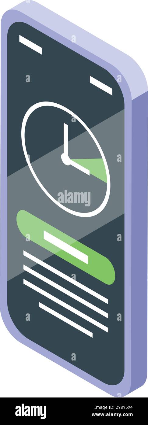 Isometric smartphone displaying a time management interface, featuring a clock and a progress bar, symbolizing productivity and task completion Stock Vector