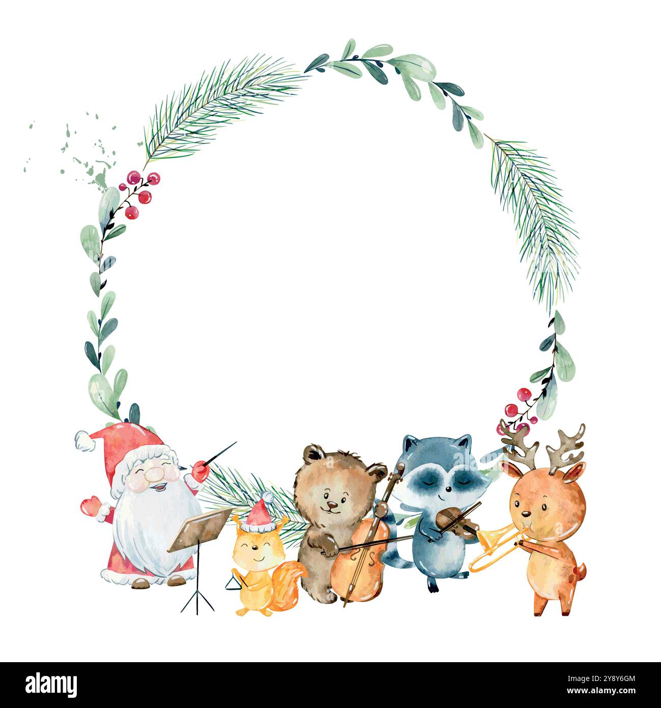 Christmas greeting card. Watercolor vector winter wreath with animals playing musical instruments. Stock Vector