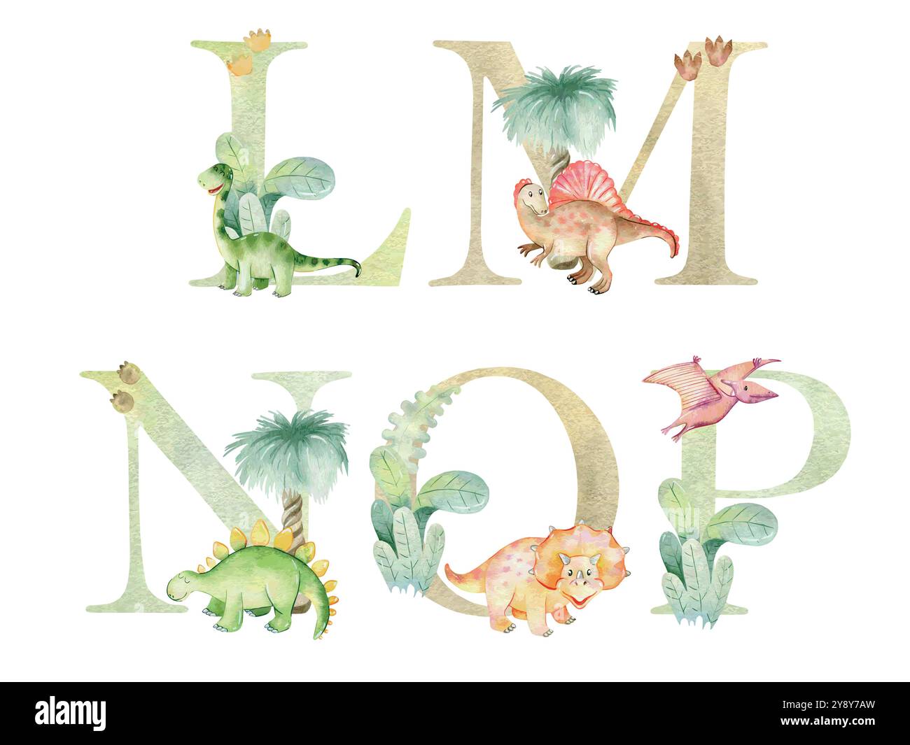Vector watercolor dinosaurs letters for invitation card, nursery poster ...