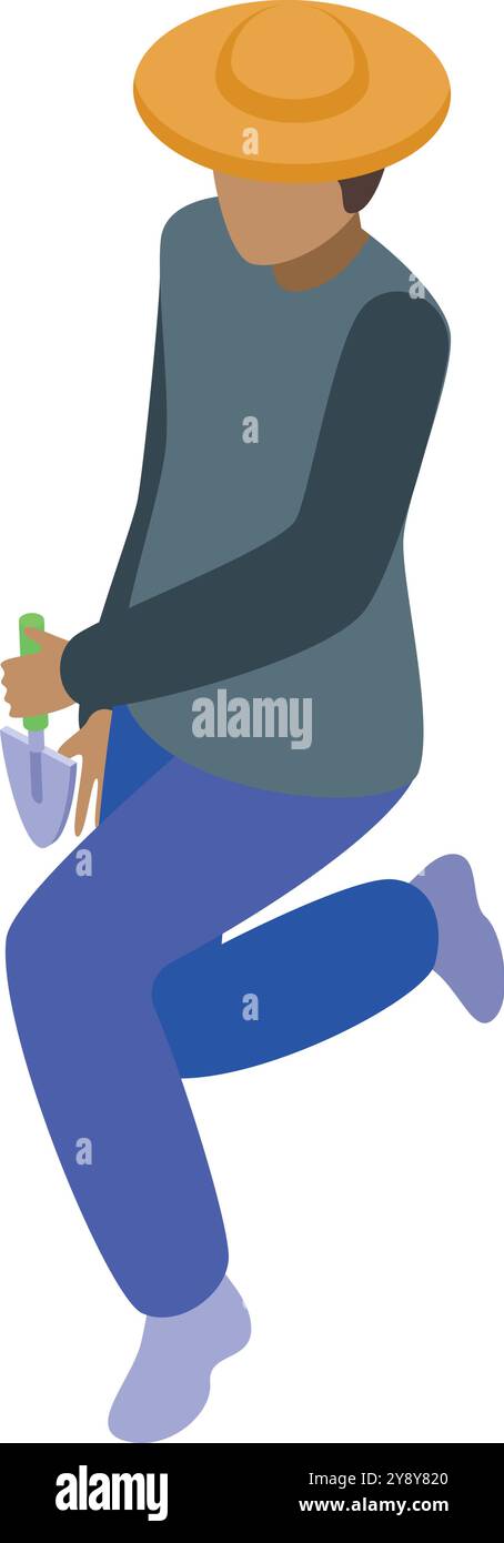 Male farmer holding trowel is planting something isometric illustration Stock Vector