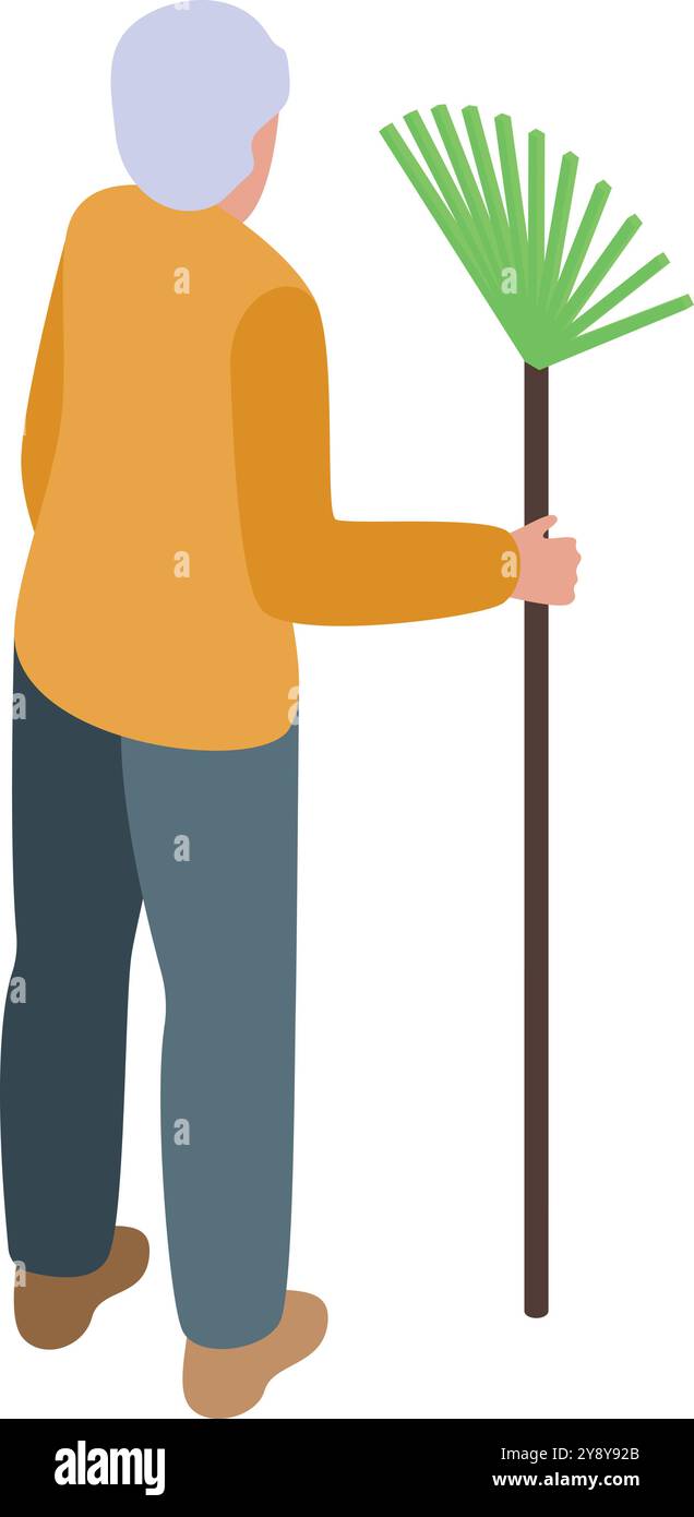 Senior man holding a rake isometric illustration Stock Vector