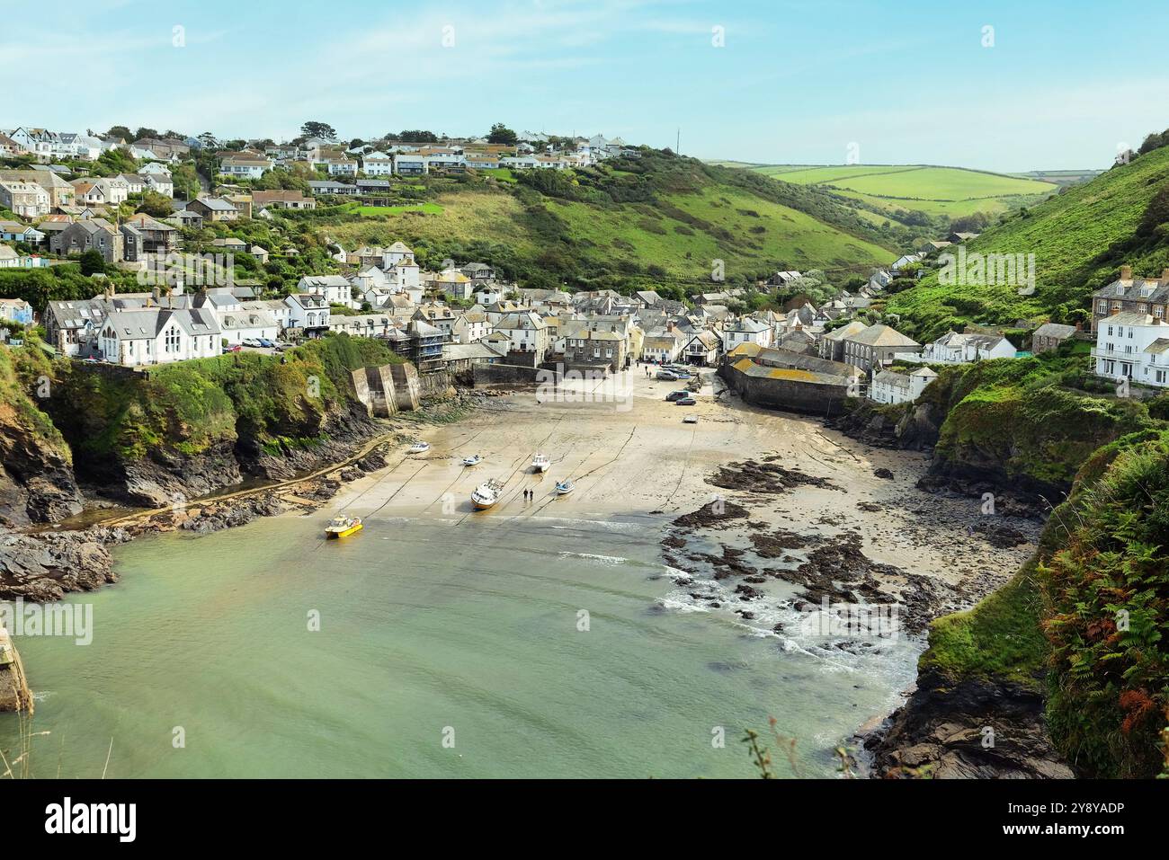 Port Isaac fishing village harbour, at low tide, on the North Cornish Coast, Cornwall, UK. Stock Photo
