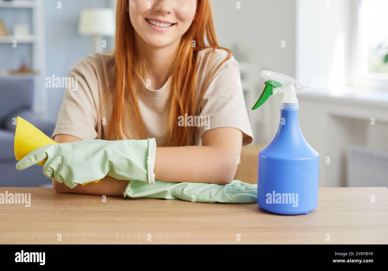 Happy Woman Cleaning And Dusting At Home During Household Chores Stock ...