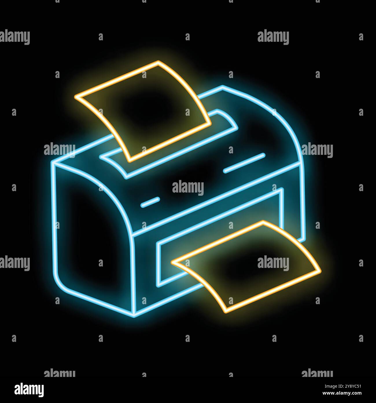 Glowing neon line printer icon isolated on black background. Vector illustration Stock Vector