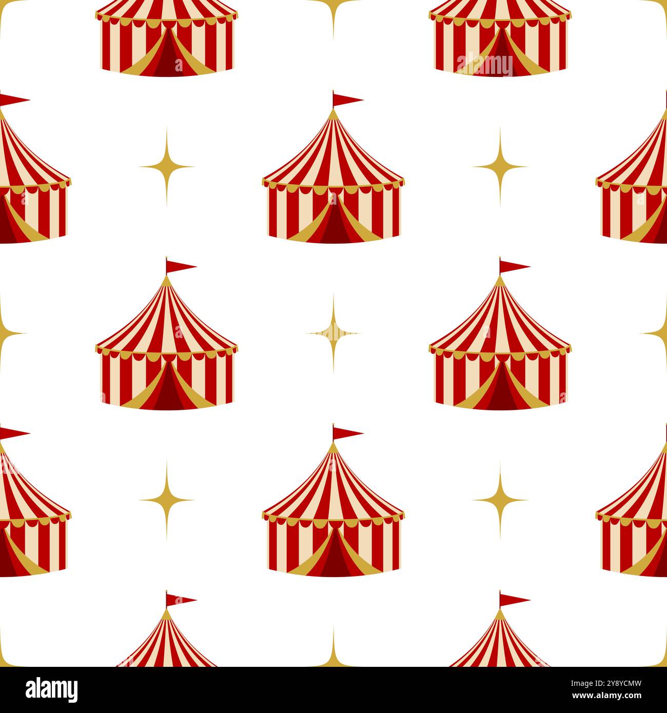 A seamless pattern of red and yellow circus tents with small star accents. For carnival themed project. Perfect for background, wallpaper and party Stock Vector