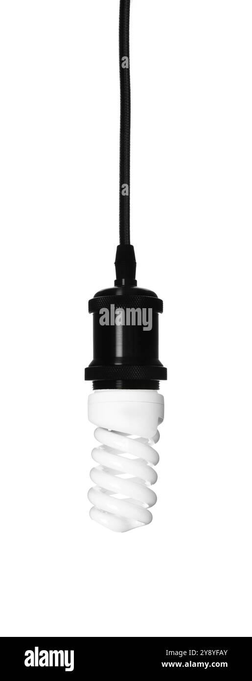 One light bulb hanging on white background Stock Photo