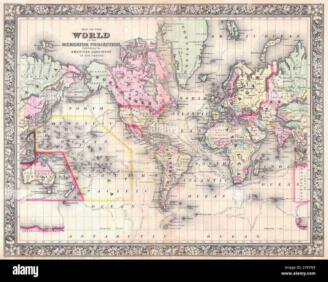 1860 Mitchell Map of the world. centered on american continents. Vintage 19th Century Map of the World.  printed in 1864 Mitchell Atlas. Stock Photo