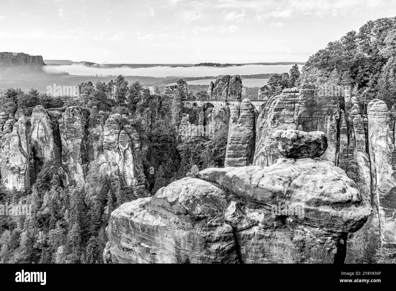 Black and White Mountain landscape at the Saxon Switzerland National Park, Saxony, Germany Stock Photo