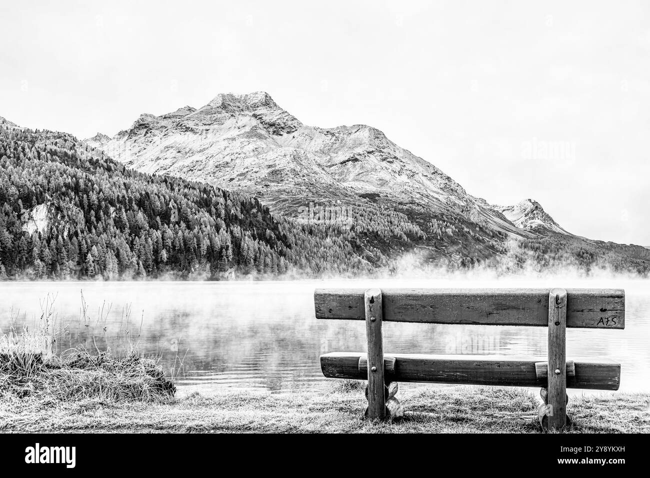 Black and white landscape at Lake Sils, Engadine, Grisons, Switzerland Stock Photo