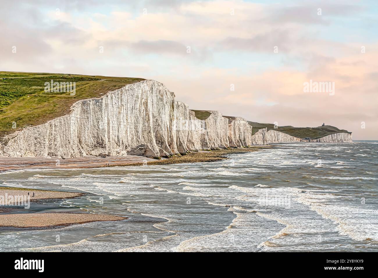 Seven Sisters chalk cliffs at sunset, South Downs National Park, East Sussex, England Stock Photo