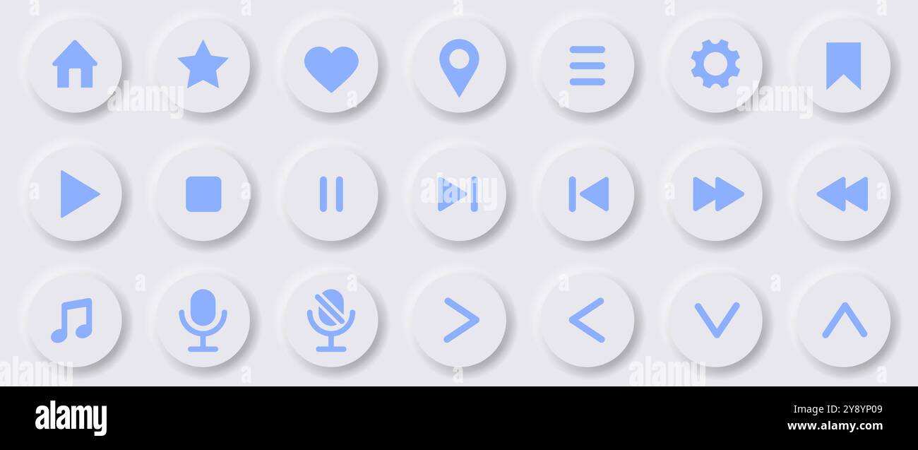 A collection of modern media control icons designed in light blue ...