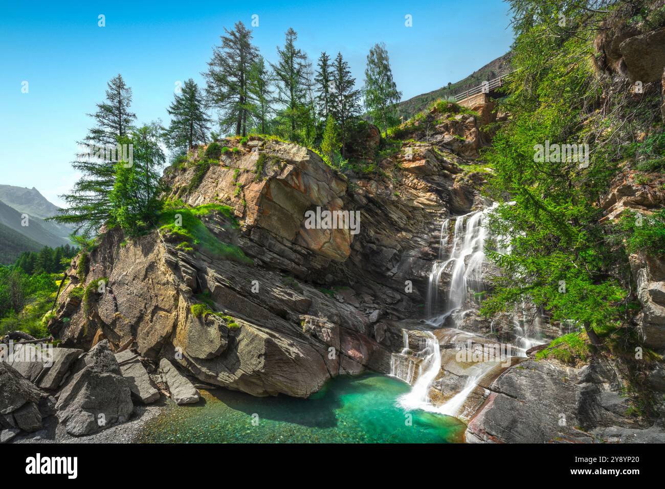 Lillaz waterfalls in summer, the topmost part. Cogne, Aosta Valley region, Italy Stock Photo