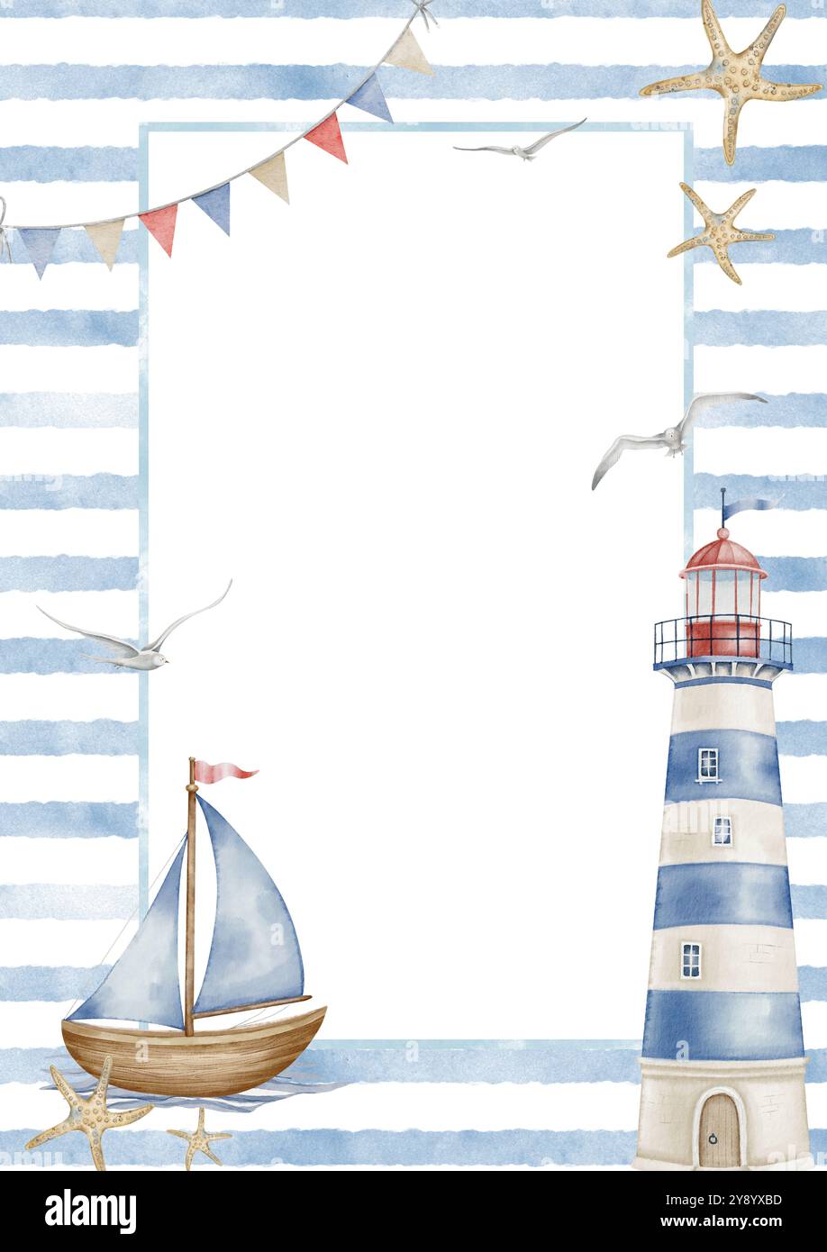 Watercolor Template with Lighthouse and ship for Baby greeting cards or childish invitations. Drawing of Frame with sailboat and beacon in pastel blue and beige colors. Nautical illustration. Stock Photo