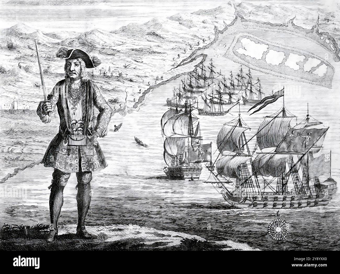 Bartholomew Roberts. Ilustration of the Welsh pirate, Bartholomew Roberts (1682-1722) at Ouidah, now in Benin, West Africa, with his ship and captured merchantmen in the background, engraving c. 1724 Stock Photo