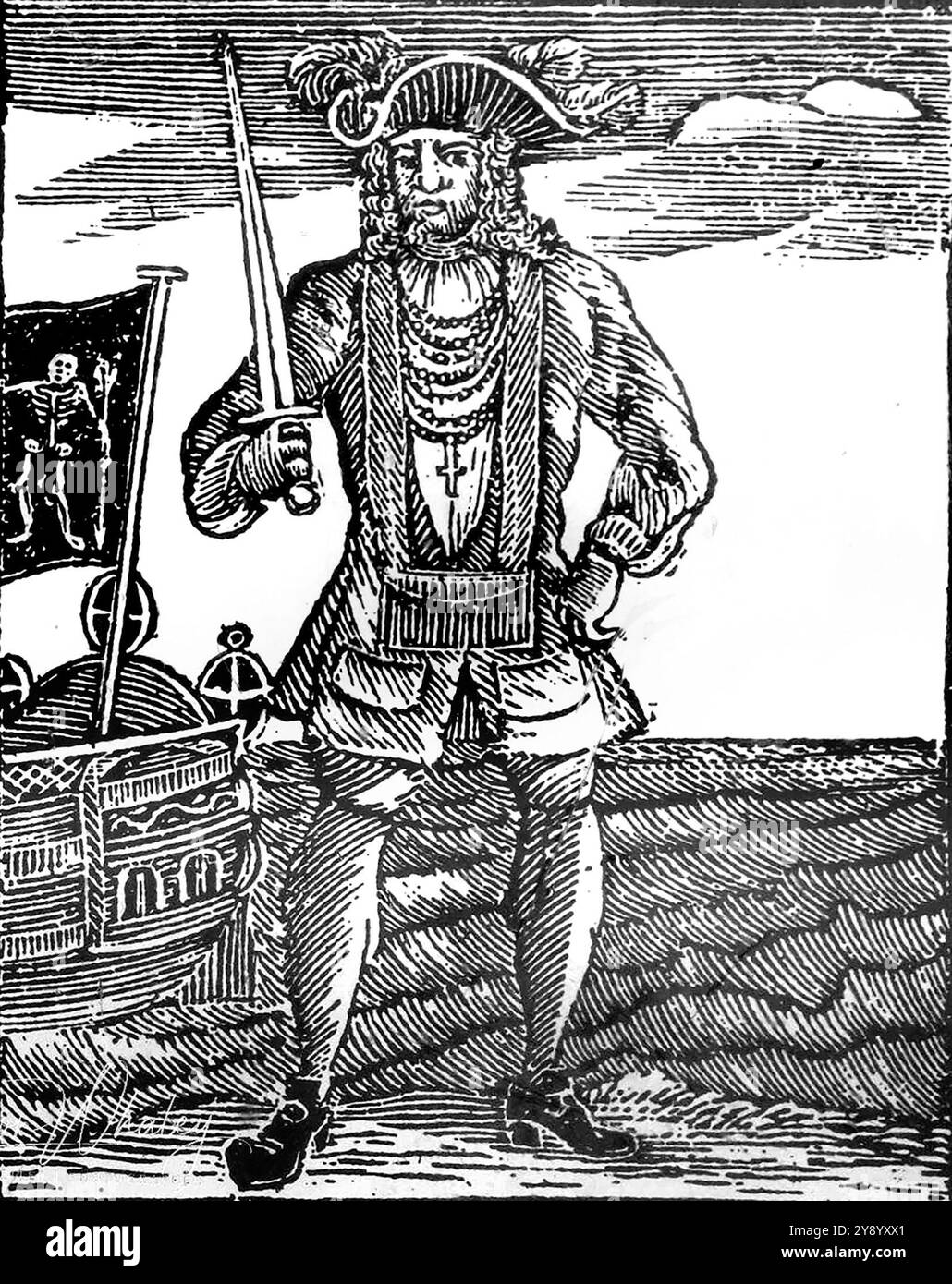Bartholomew Roberts. Ilustration of the Welsh pirate, Bartholomew Roberts (1682-1722) from' A General History of the Robberies and Murders of the Most Notorious Pyrates', 1725 Stock Photo