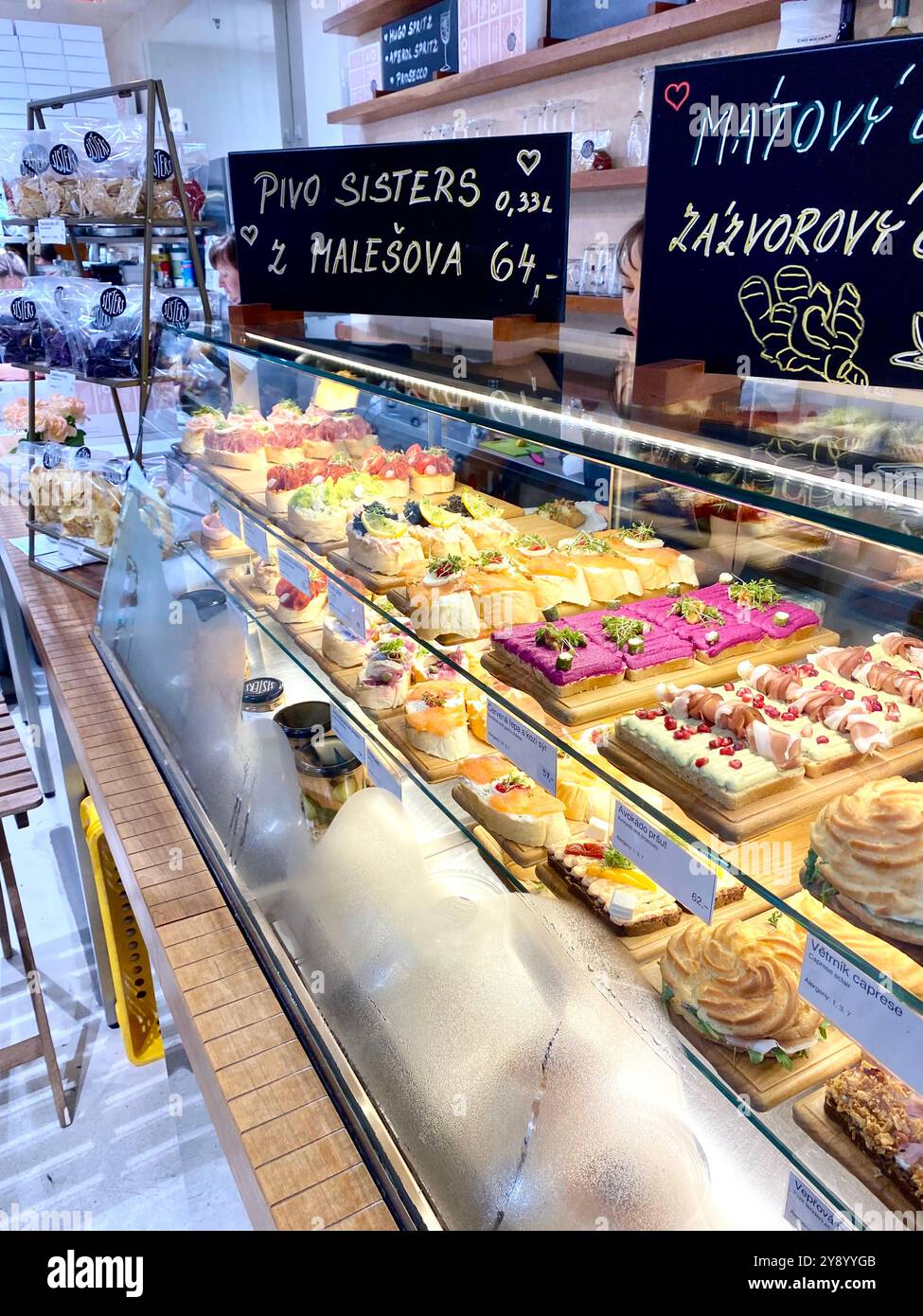 Czech open sandwich, Sisters bistro in Prague sells famous Czech open sandwiches with ham, cheese, beef and shrimp varieties, Czech Republic,2024 - Smartphone Captured Stock Image