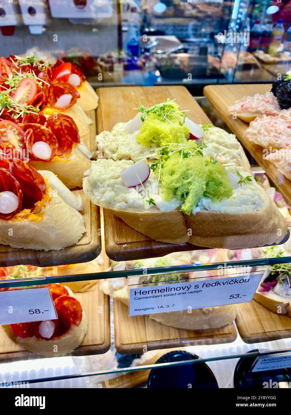 Czech open sandwich, Sisters bistro in Prague sells famous Czech open sandwiches with ham, cheese, beef and shrimp varieties, Czech Republic,2024 - Smartphone Captured Stock Image