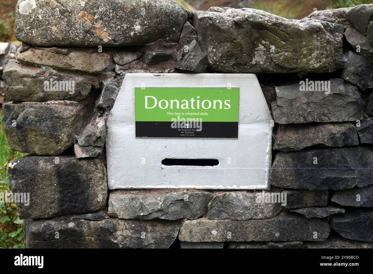 NATIONAL TRUST SCOTLAND DONATION BOX IN STONE WALL SCOTLAND UK Stock ...