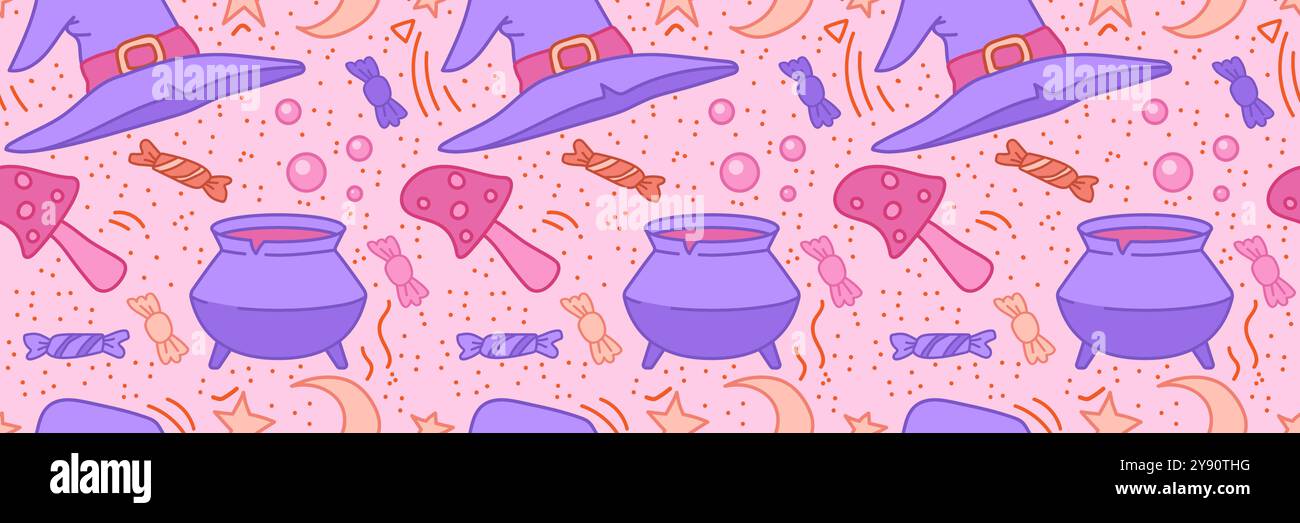 Halloween seamless pattern. Witches boiler with potion, candy, witch hat, mushrooms and stars. Stock vector illustration in cartoon style with outline Stock Vector