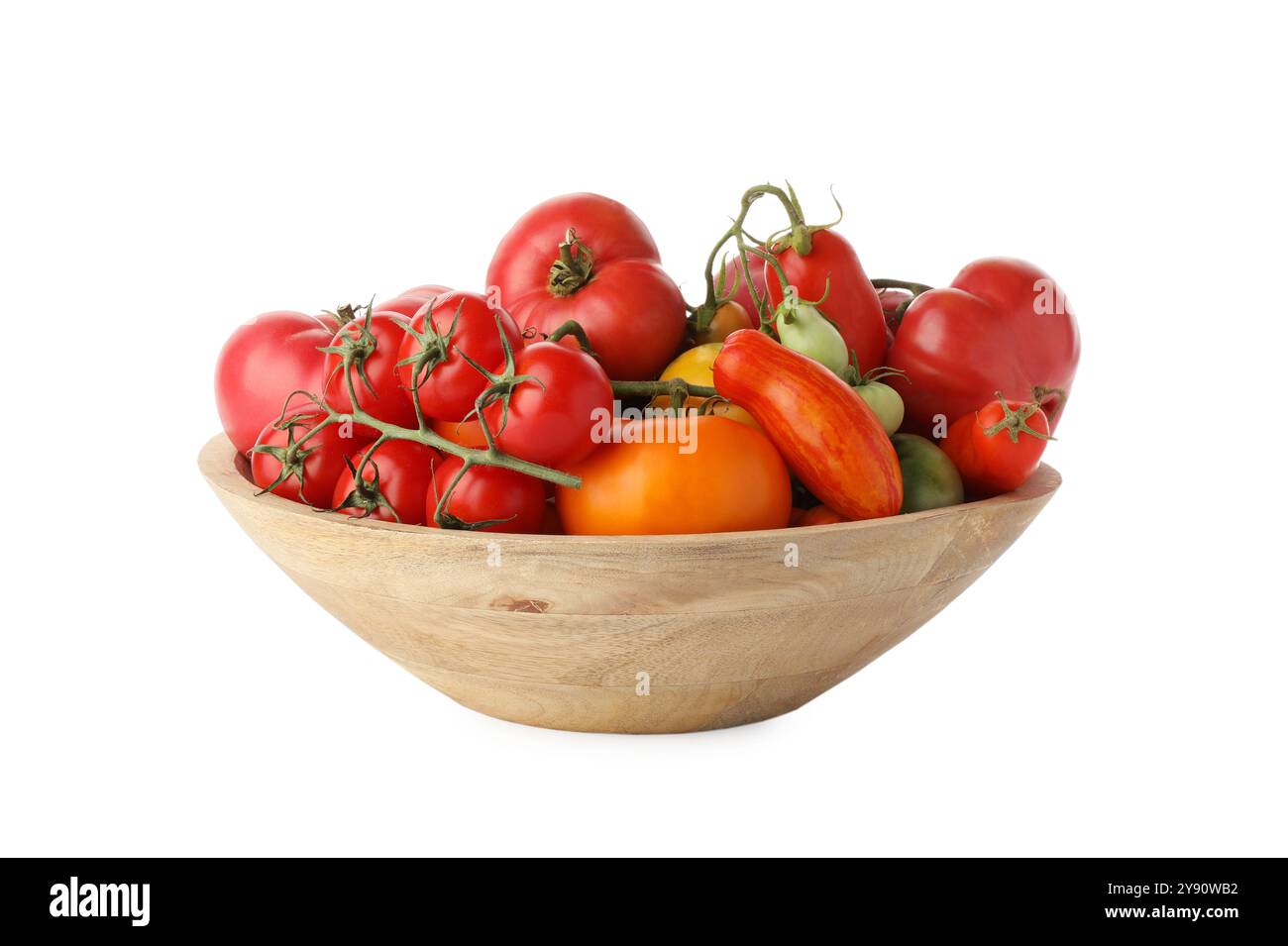 Different ripe tomatoes in bowl isolated on white Stock Photo - Alamy